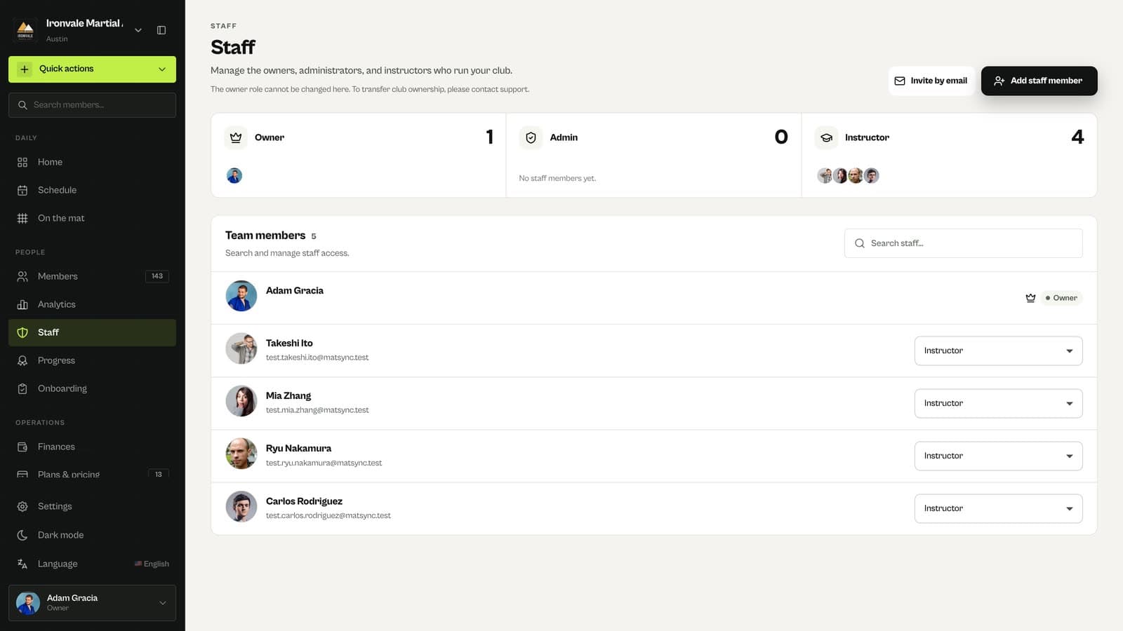 MatSync Staff page with owner, admin and instructor counts