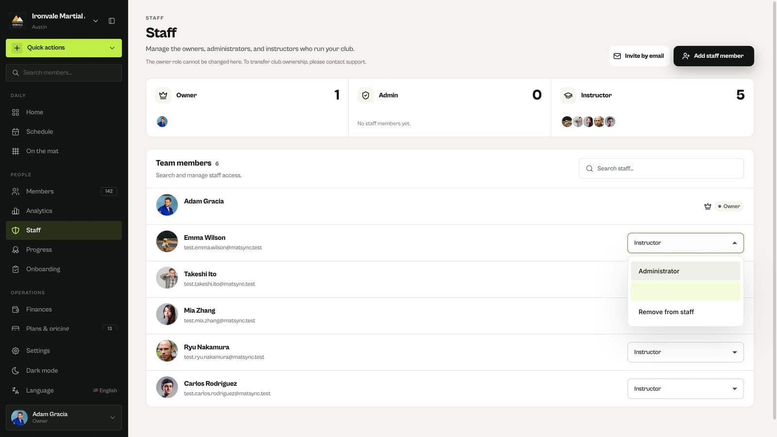Staff role menu in MatSync