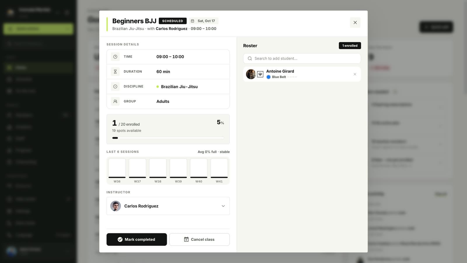Class window in MatSync with session details and the roster of booked members