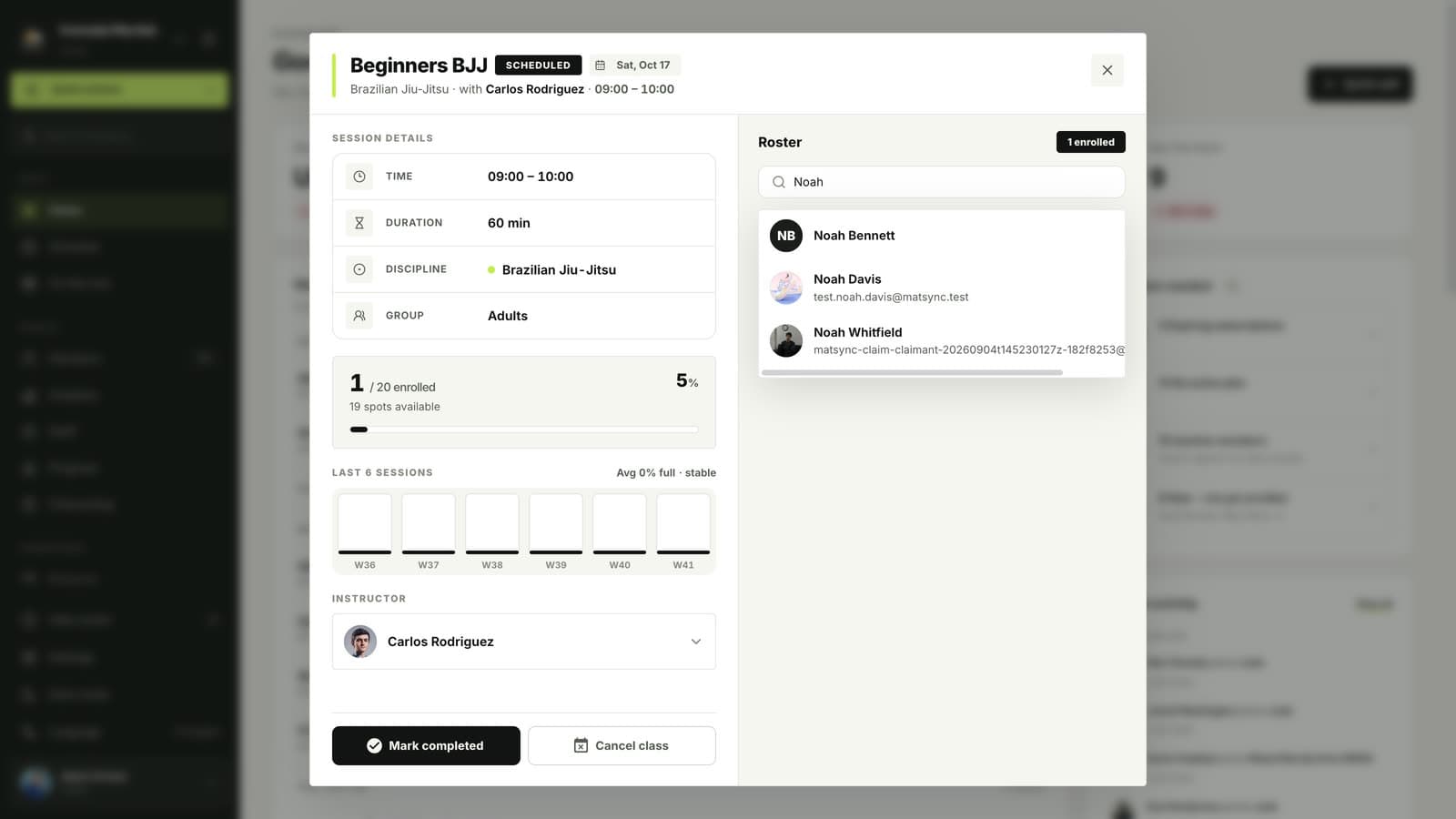 Searching for a member in the class roster in MatSync