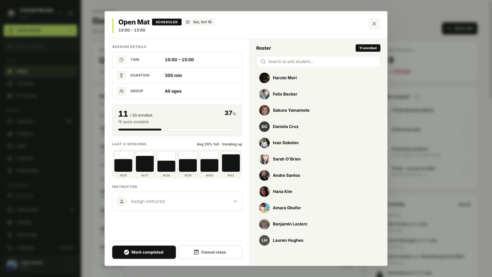 Class window in MatSync with the Mark completed and Cancel class buttons