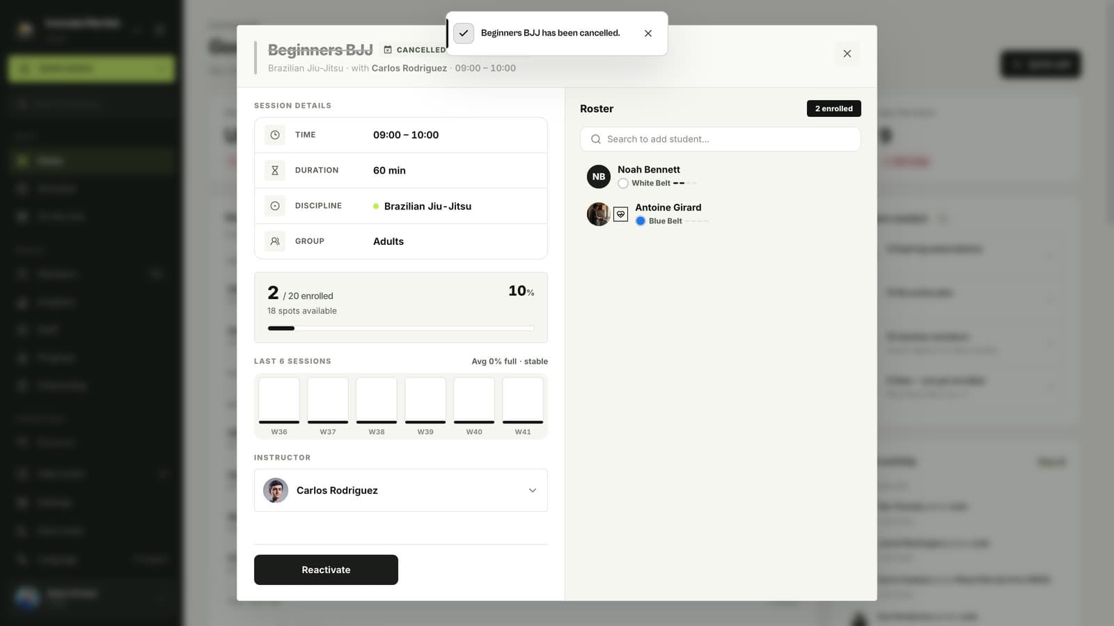 Cancelled class in MatSync with the Reactivate button