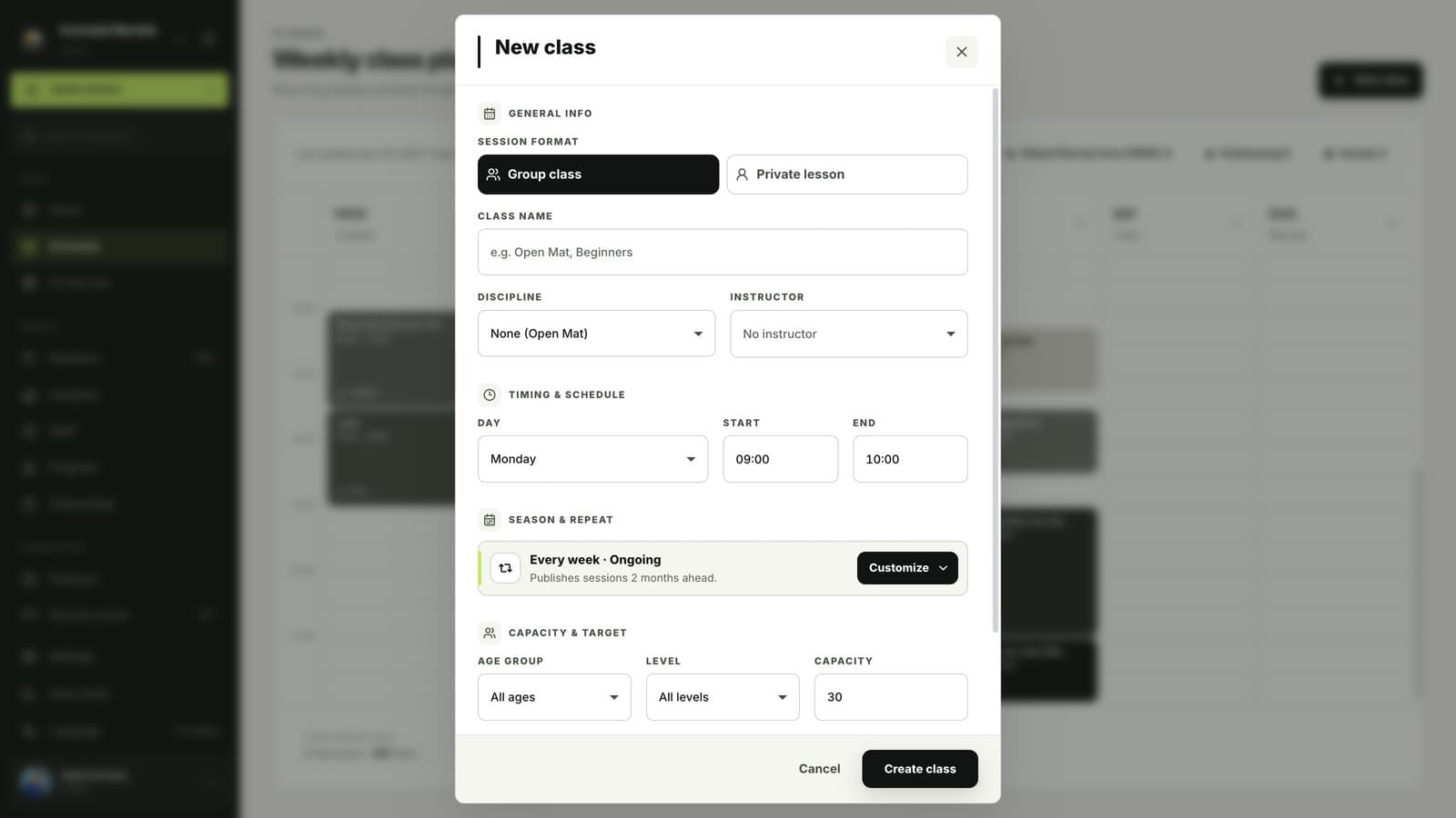 New class menu in the MatSync weekly class plan