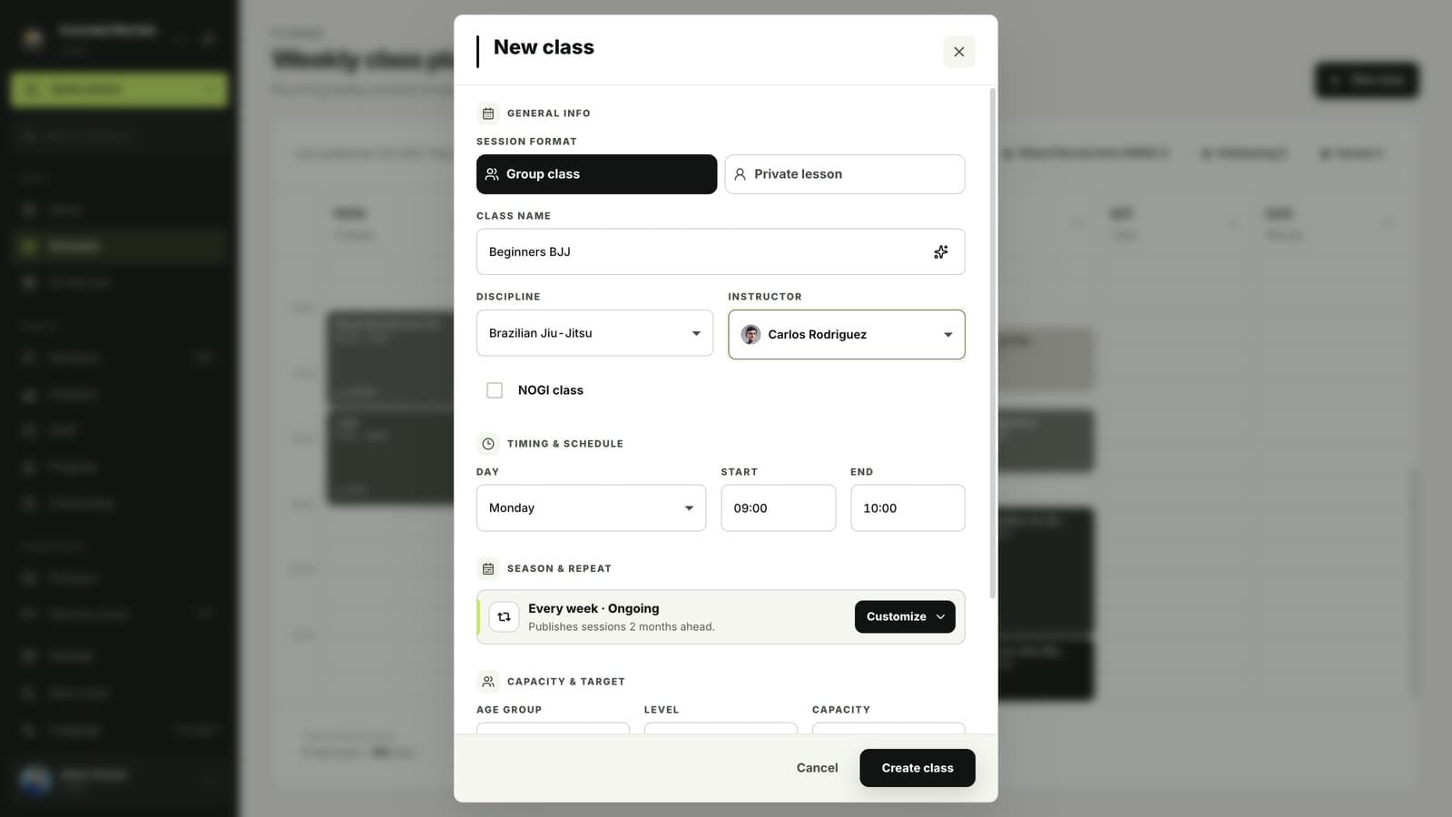 New class form with name, discipline and instructor in MatSync
