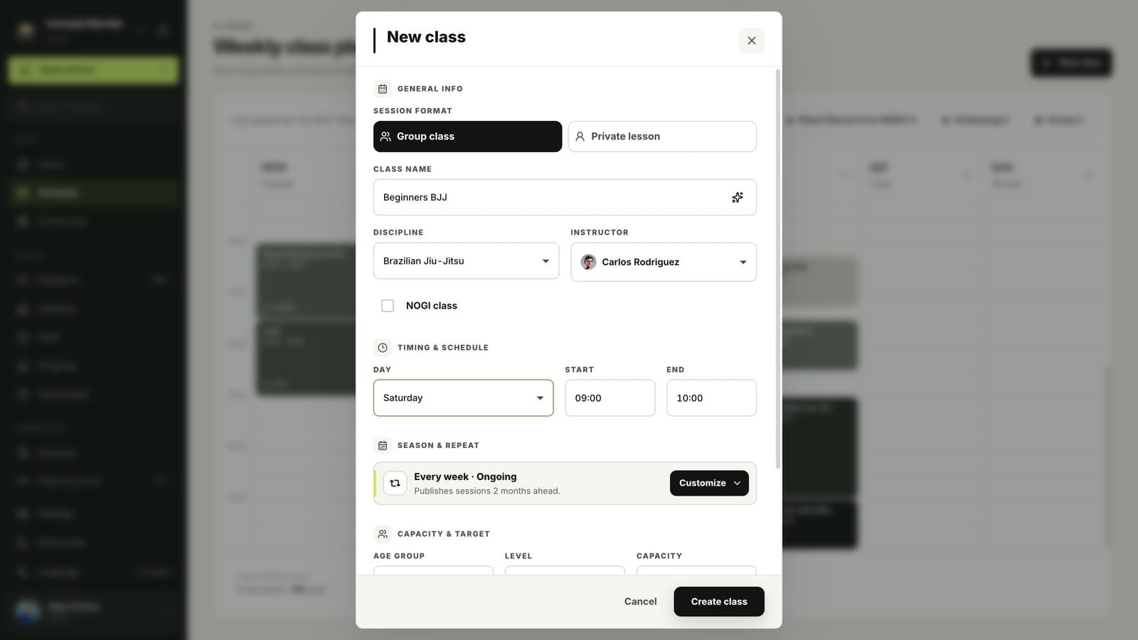 Timing and repeat settings for a class in MatSync