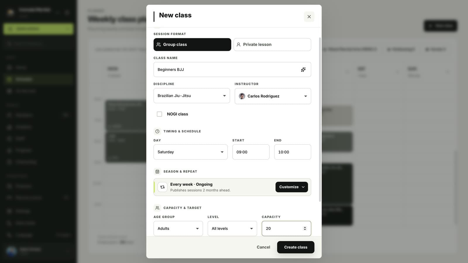 Age group, level and capacity for a class in MatSync