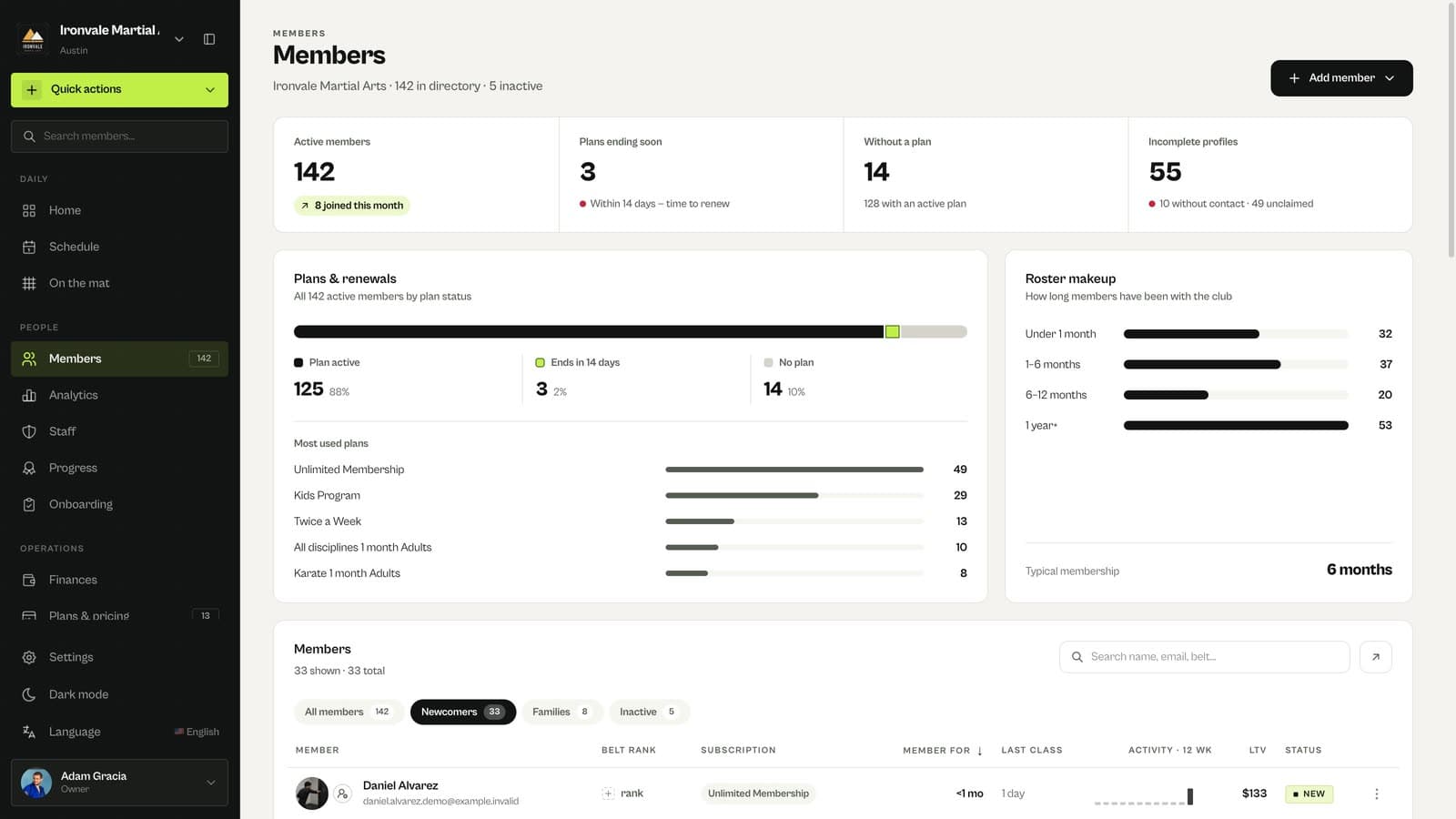 MatSync member list filtered to newcomers