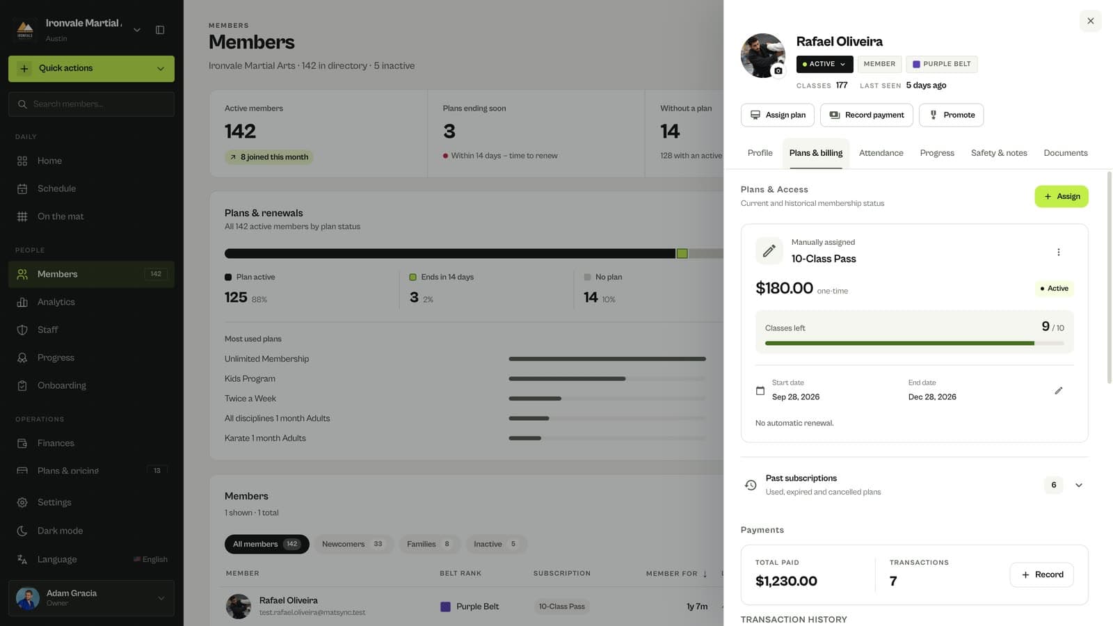 MatSync member profile with plans, billing and attendance