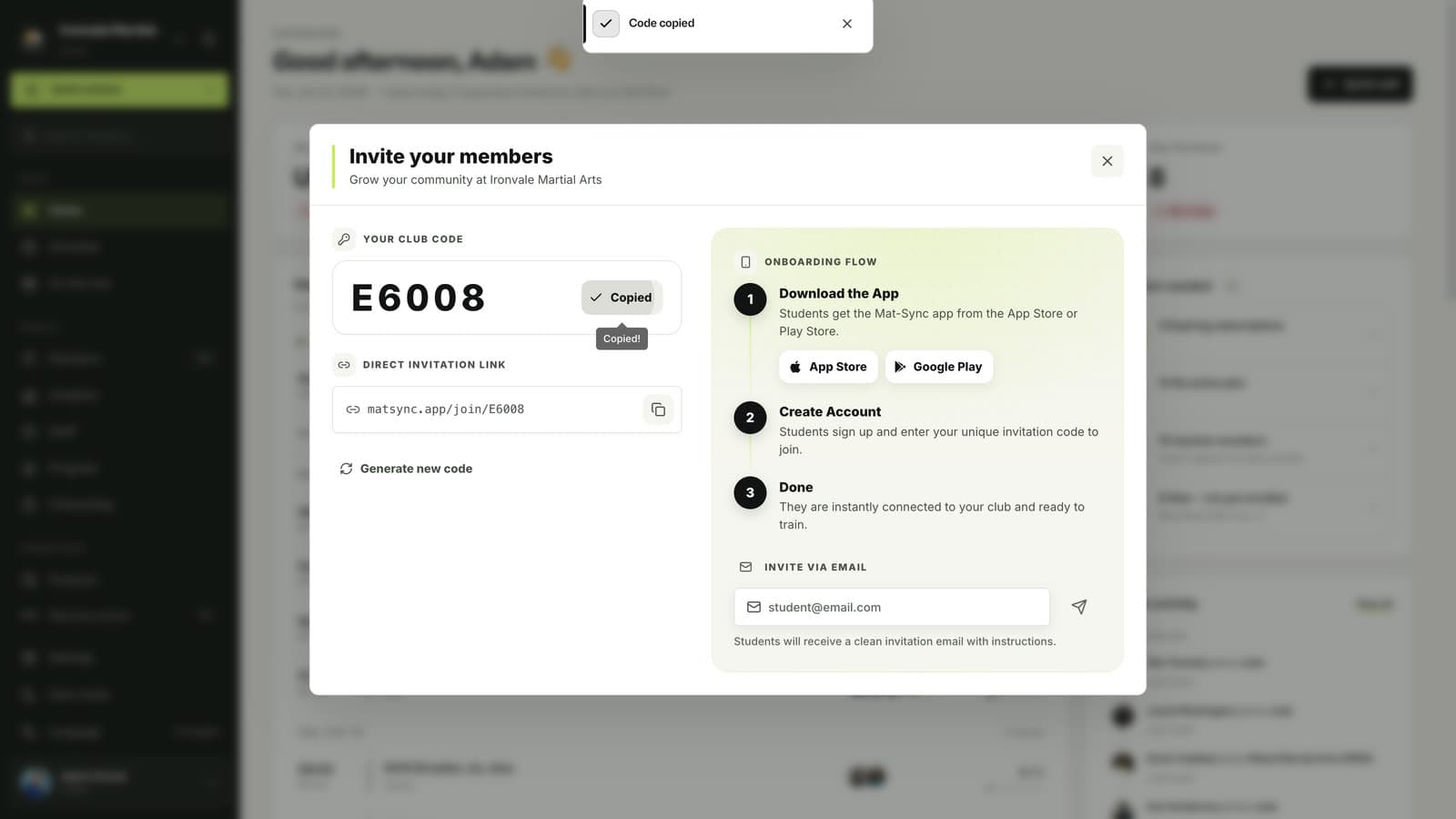Club code and join link in the MatSync invite window
