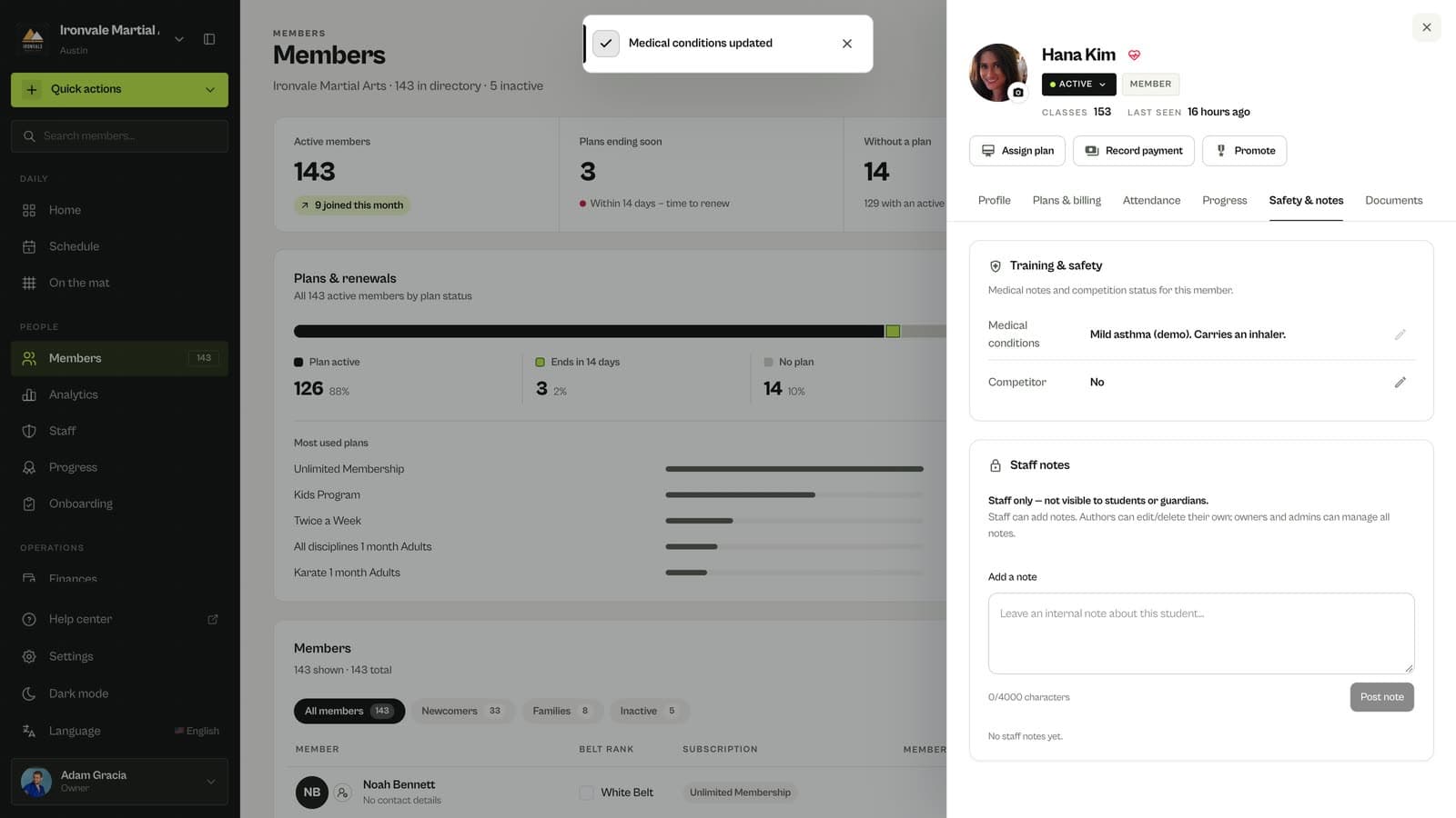 Editing medical conditions in the Safety and notes tab in MatSync