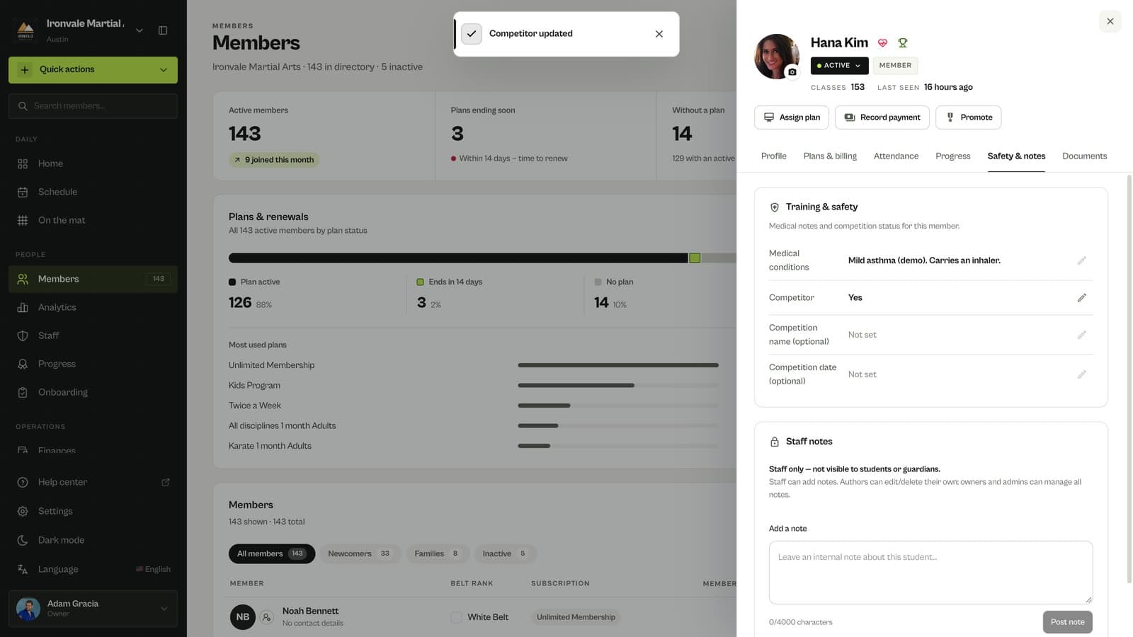 Competitor set to Yes with optional competition name and date in MatSync