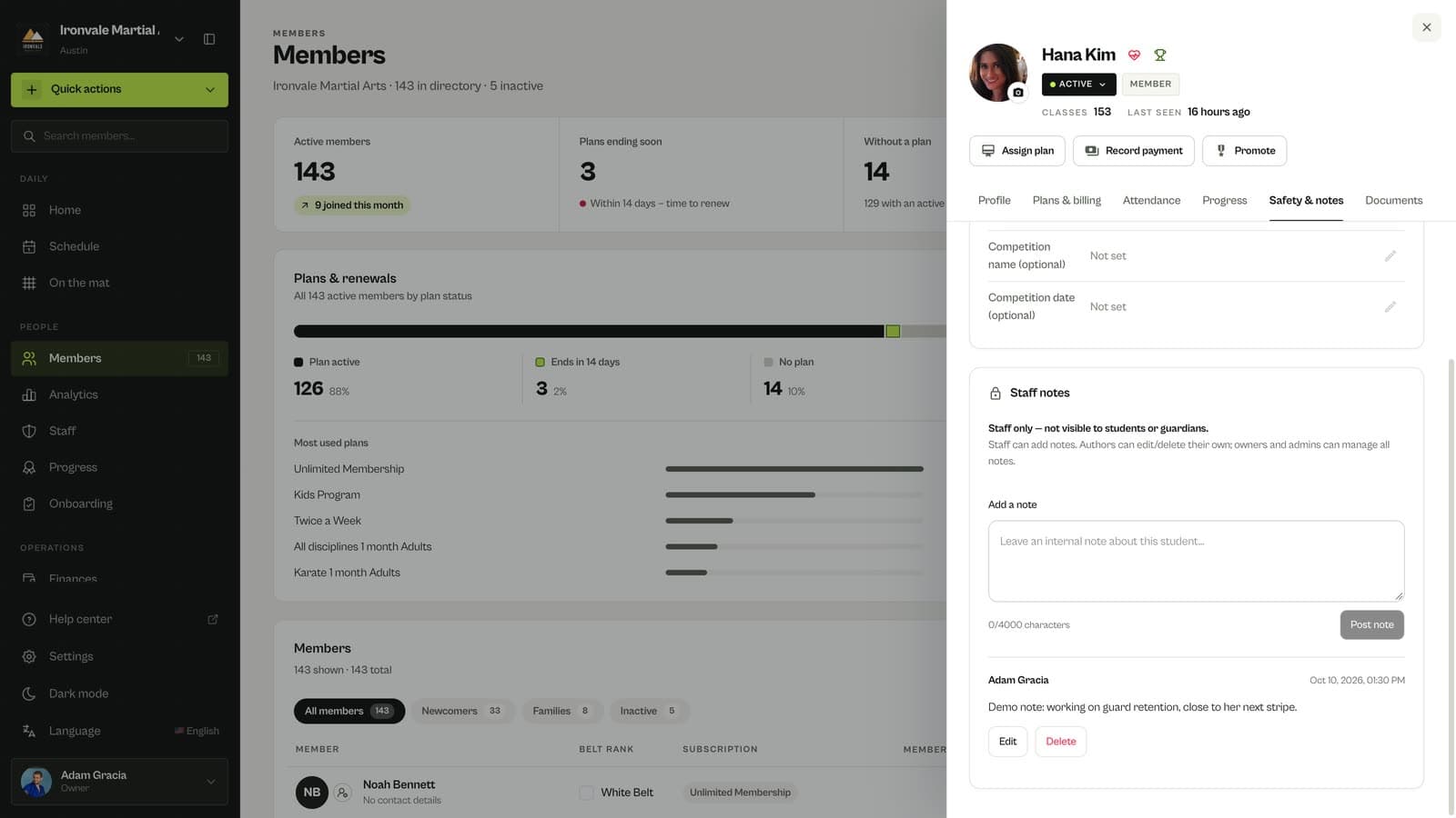 Private staff note posted on a member profile in MatSync