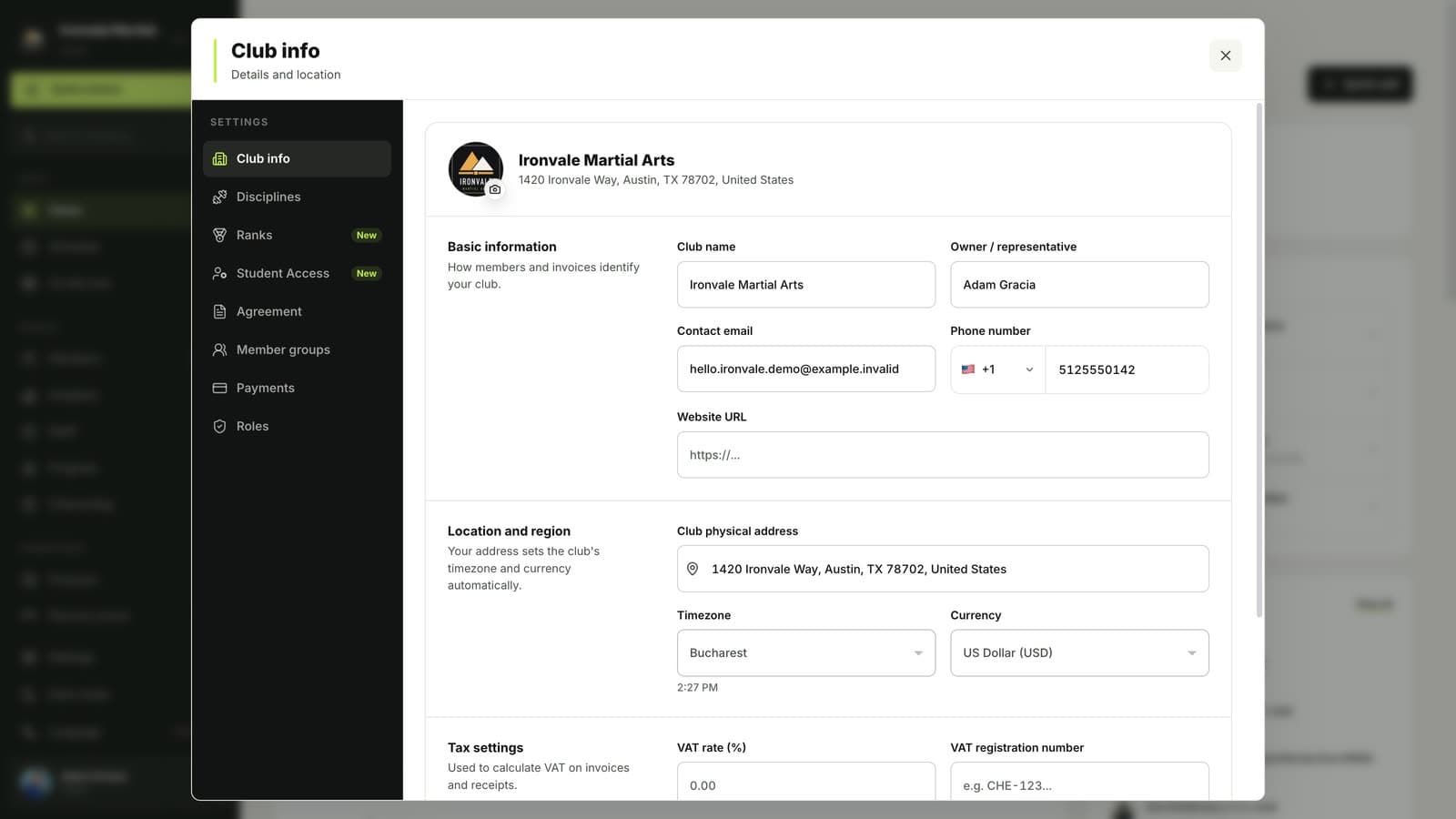 MatSync Settings, Club info with club name, contact details, address and currency