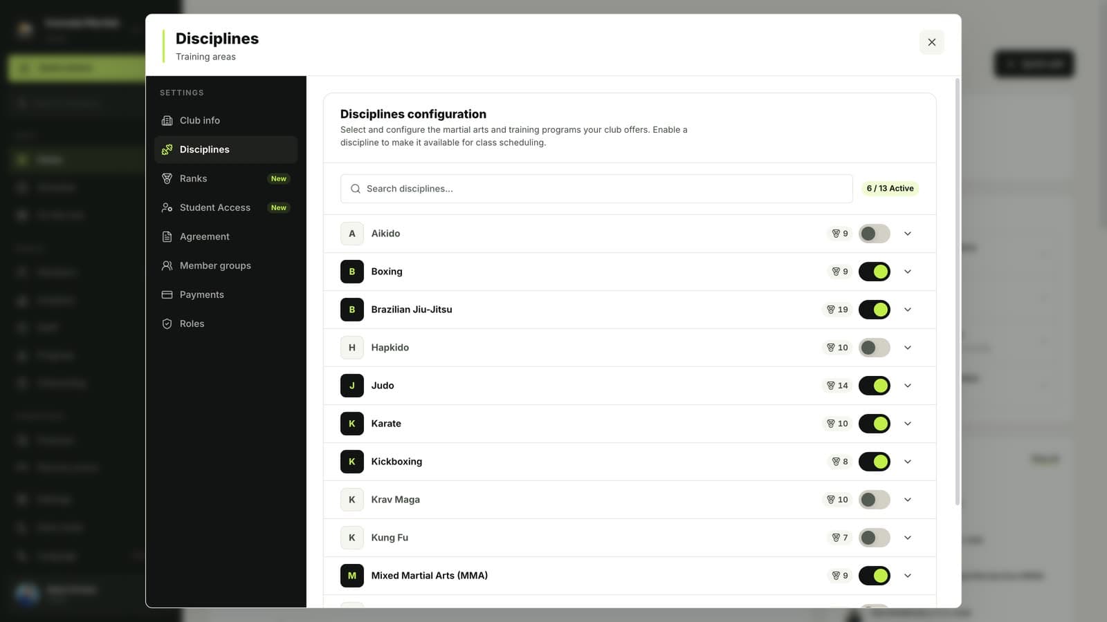 MatSync Settings, Disciplines with switches for each martial art