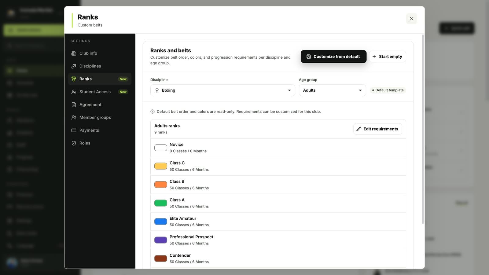 MatSync Settings, Ranks with a belt ladder and requirements