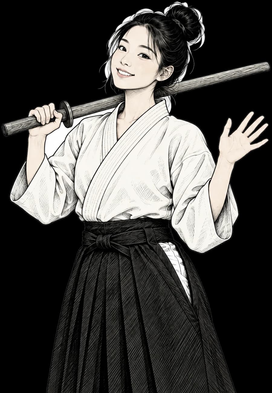 Aikidoczka z bokkenem opartym na ramieniu po treningu uśmiecha się i macha ręką.