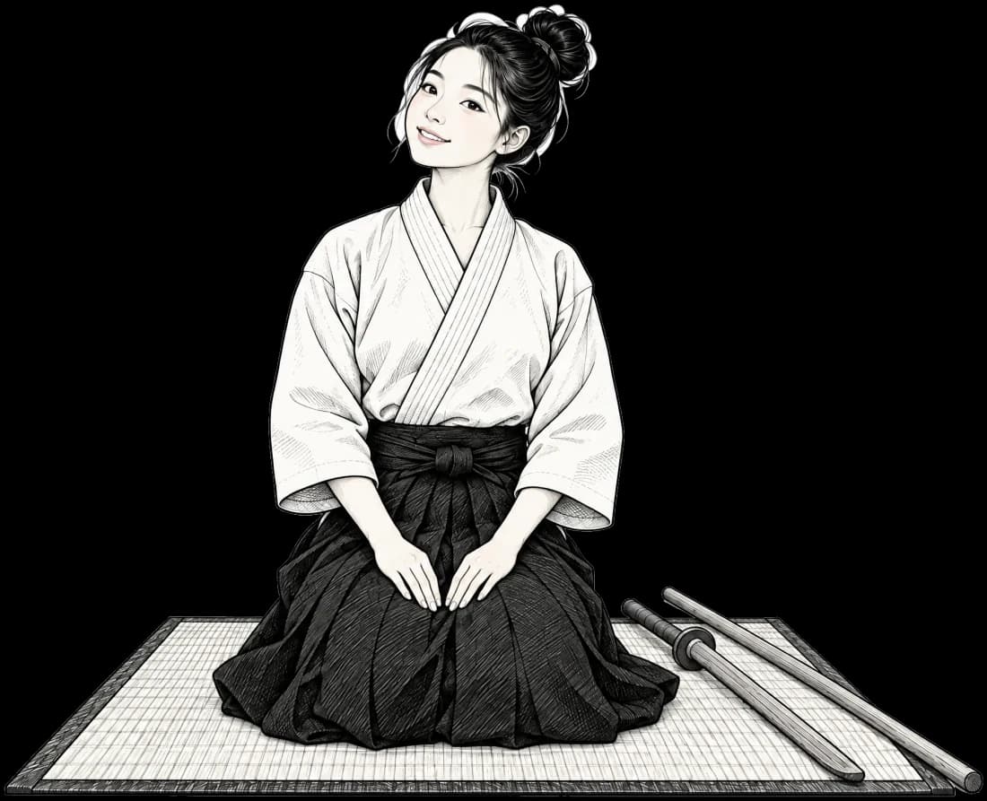 Aikidoczka klęczy w seiza na tatami, obok leżą bokken i jo, i podnosi wzrok, jakby właśnie przyszło jej do głowy pytanie.