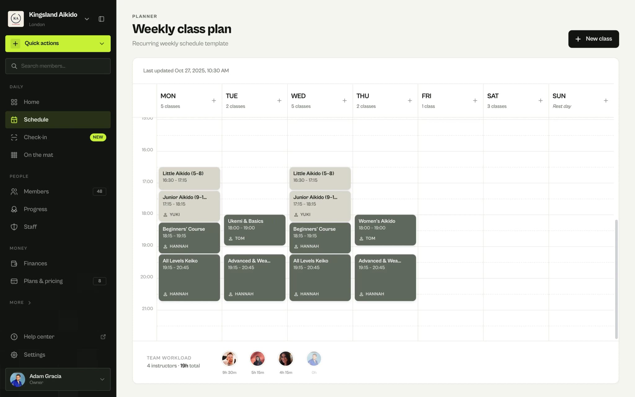 Tygodniowy grafik MatSync dojo aikido: łagodne aikido, zajęcia dla dzieci i młodzieży, kurs dla początkujących, wszystkie stopnie, ukemi i podstawy, zaawansowani i broń, zajęcia dla kobiet i sobotnia wolna mata