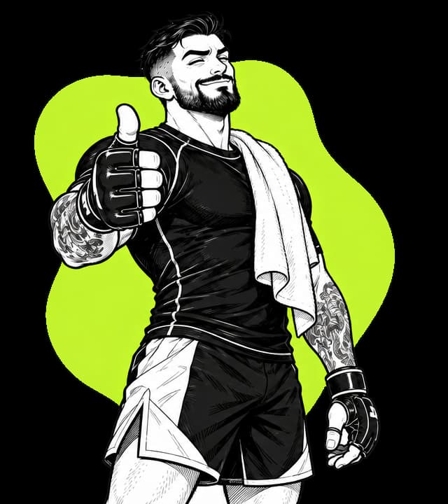 Trener MMA w rękawicach pokazuje kciuk w górę.