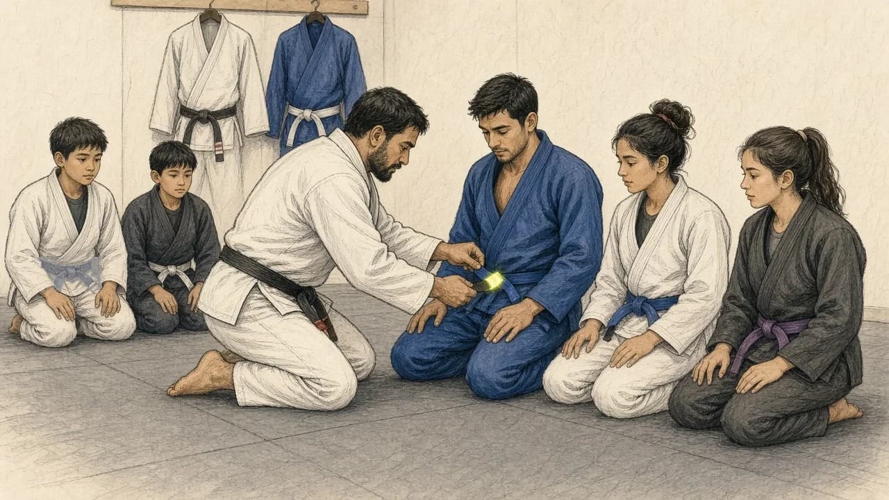 Jiu-jitsu professor adding a stripe to a student's blue belt on the mat while students in gi with different belts look on
