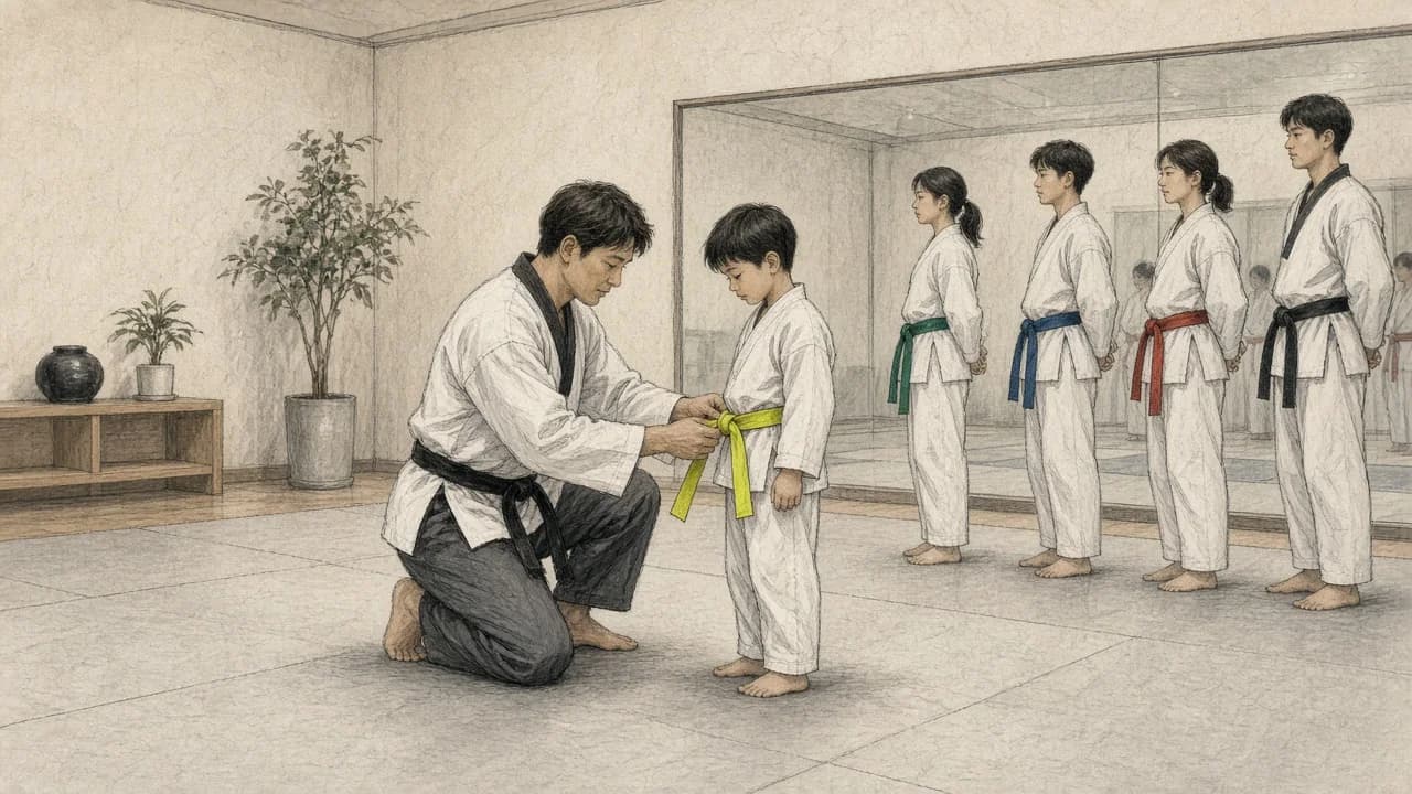 Taekwondo instructor tying a new belt on a young student in a dobok while classmates with different colored belts wait in line