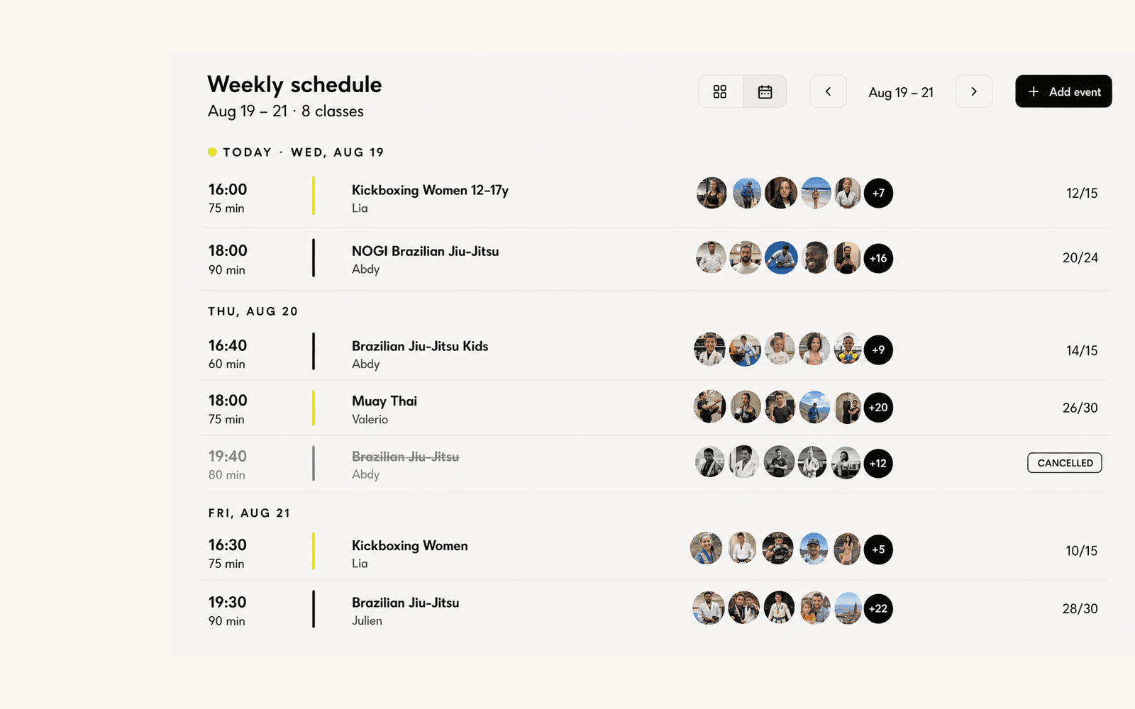 MatSync club management dashboard: Class scheduling & attendance