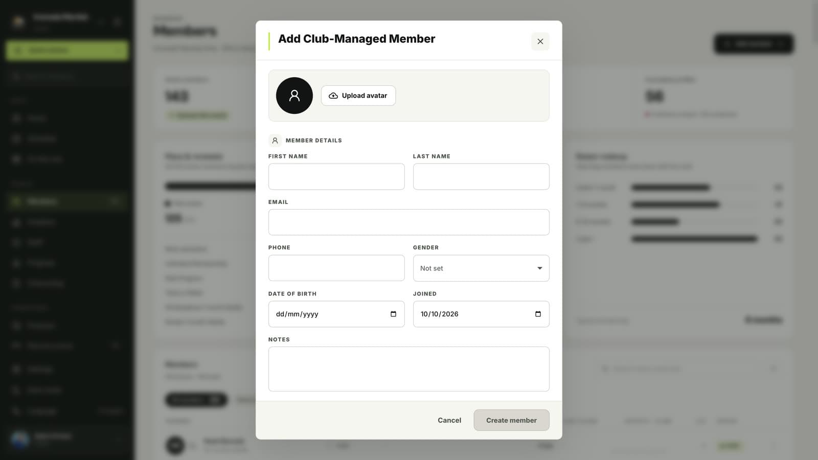 MatSync Quick actions menu with Add member highlighted