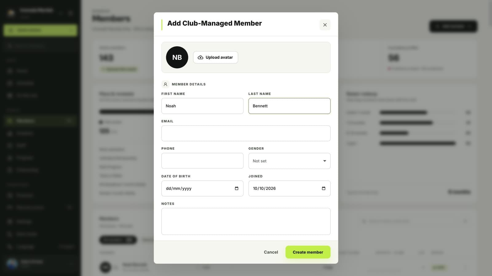 The Add Club-Managed Member form in MatSync