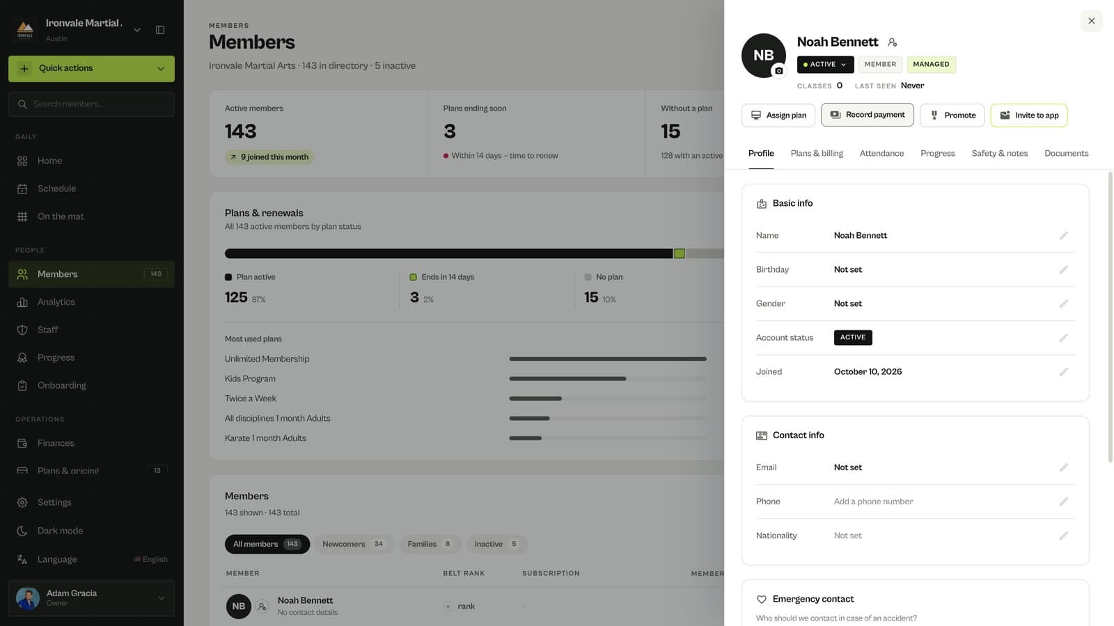 Member profile in MatSync with Assign plan, Record payment, Promote and Invite to app