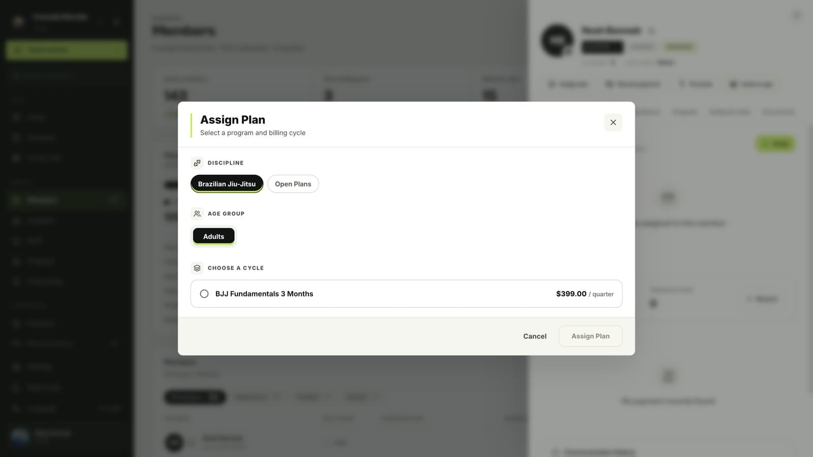 Assign plan button in a MatSync member profile