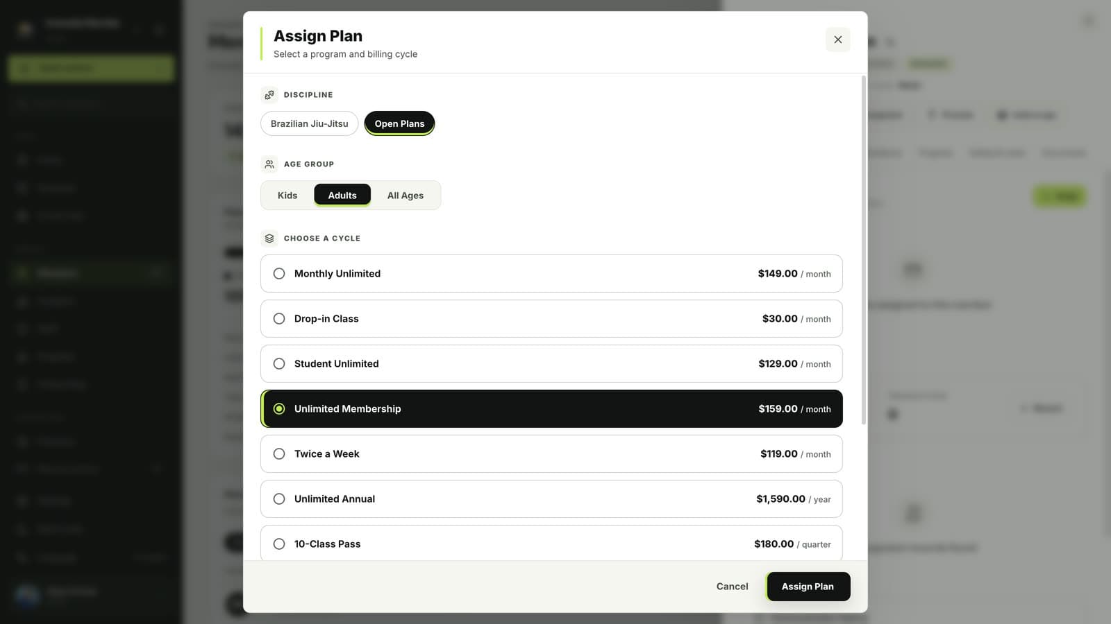 The Assign Plan window in MatSync with the club’s plans