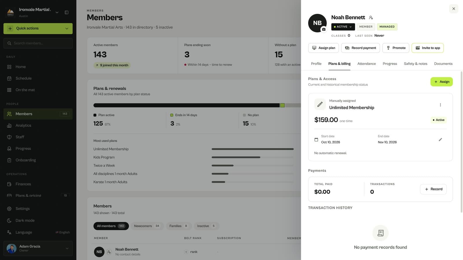 A manually assigned membership in a MatSync member profile
