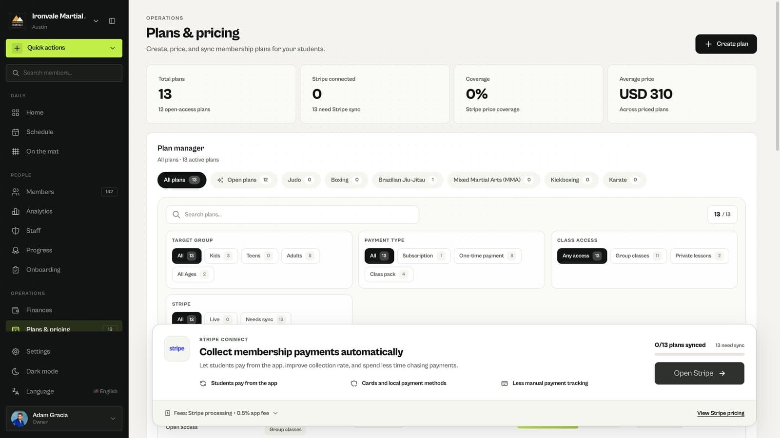 Stripe Connect card in MatSync Plans & pricing