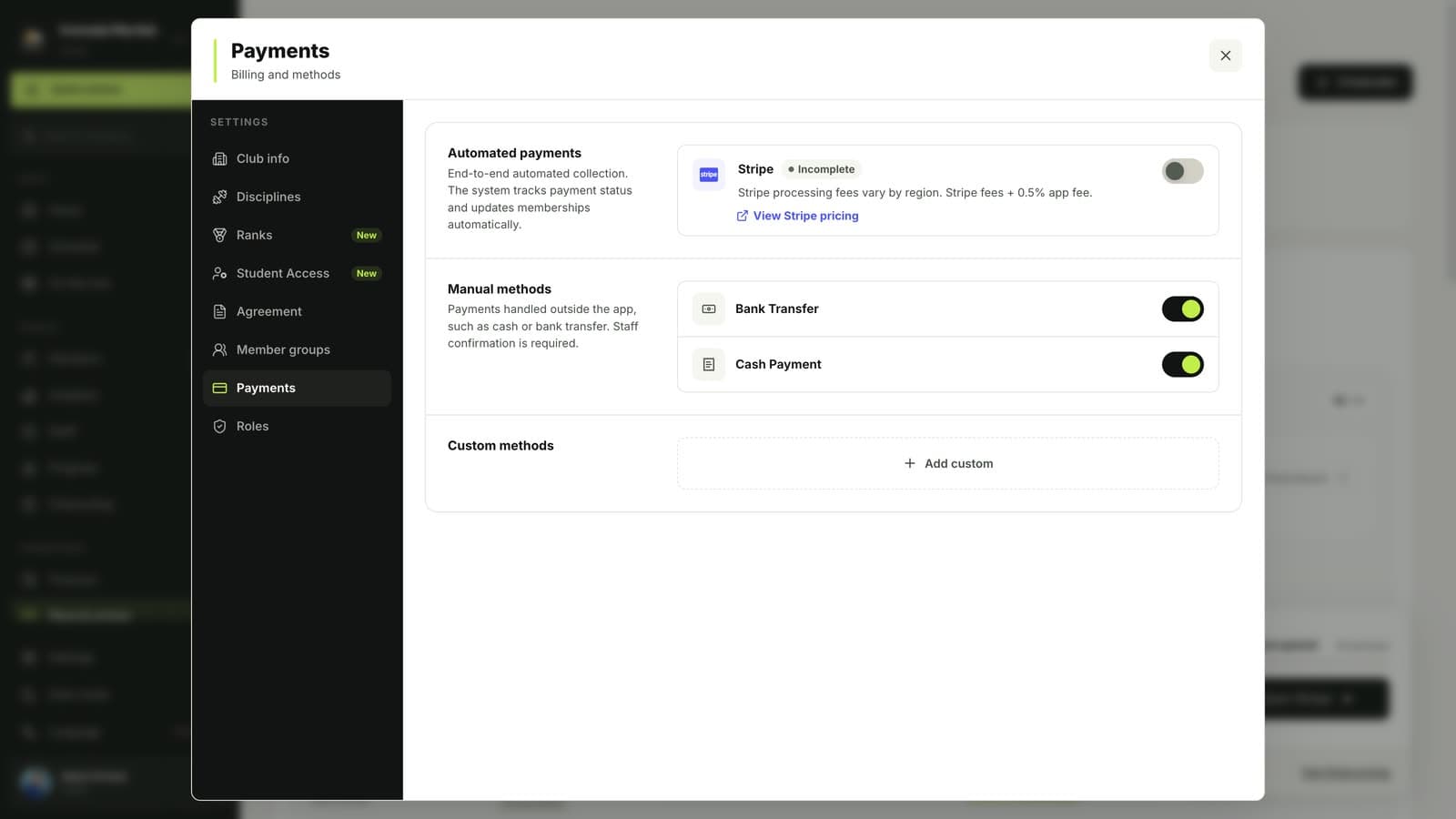 MatSync Settings, Payments with manual payment methods