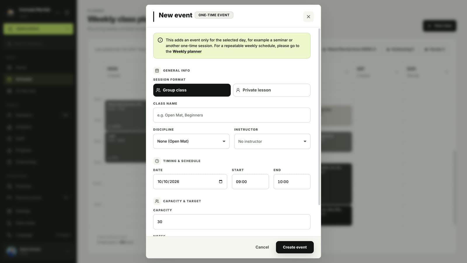New event form in MatSync with name, discipline and coach