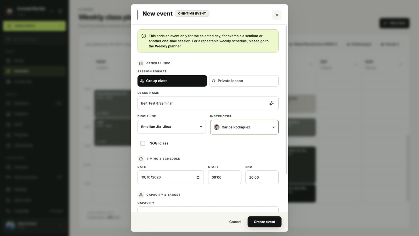 Event date, time and capacity in MatSync