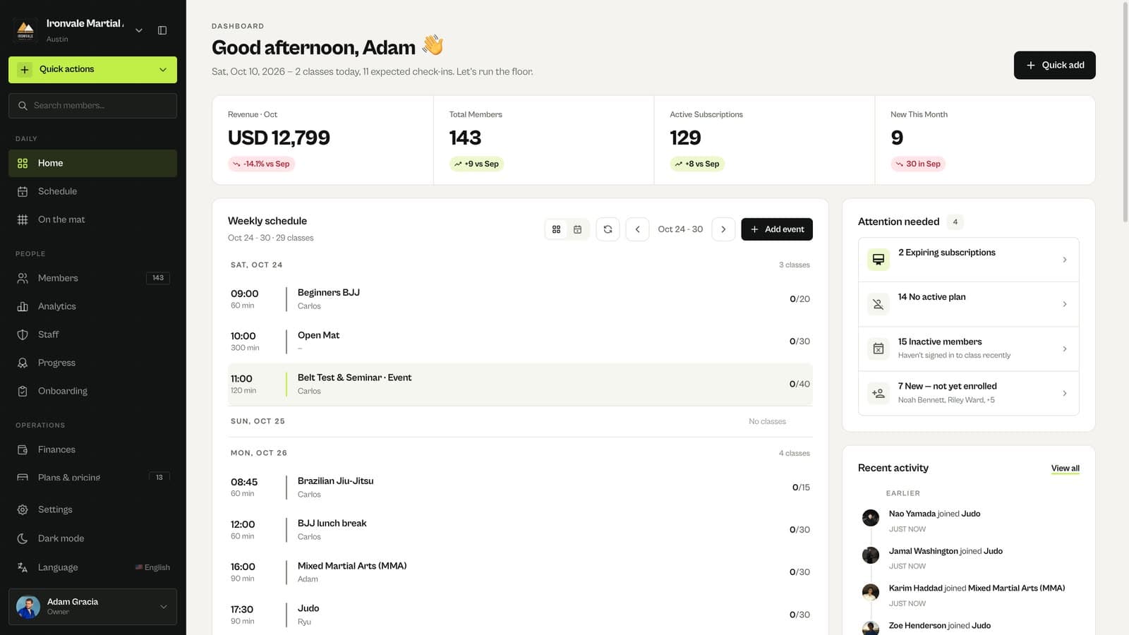 Event on the weekly schedule in the MatSync dashboard