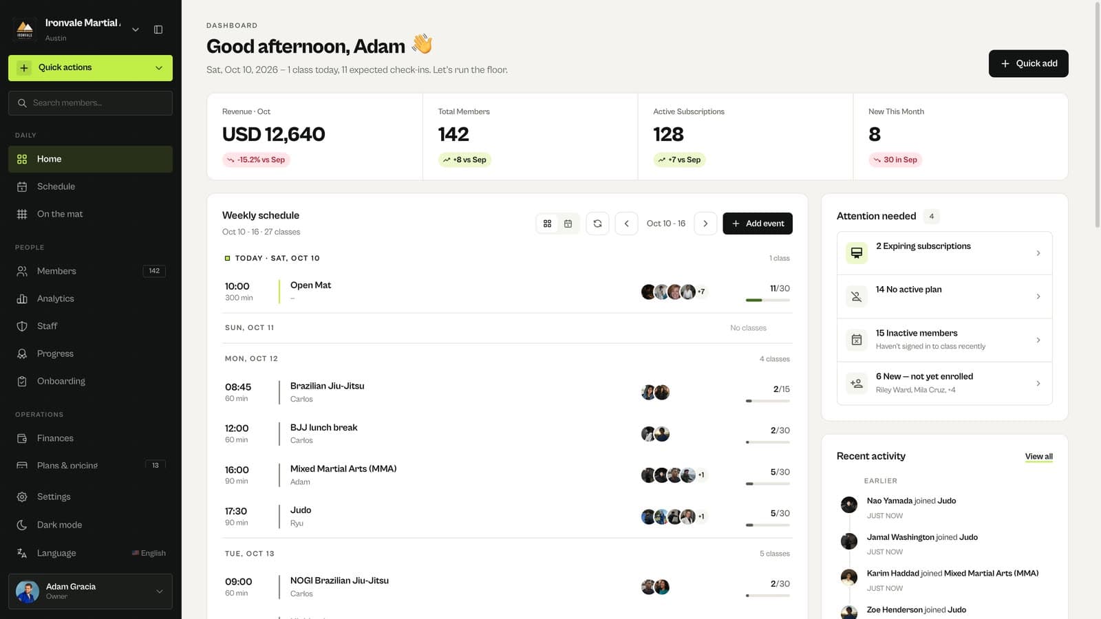 MatSync dashboard home with revenue, total members, active subscriptions and new members this month