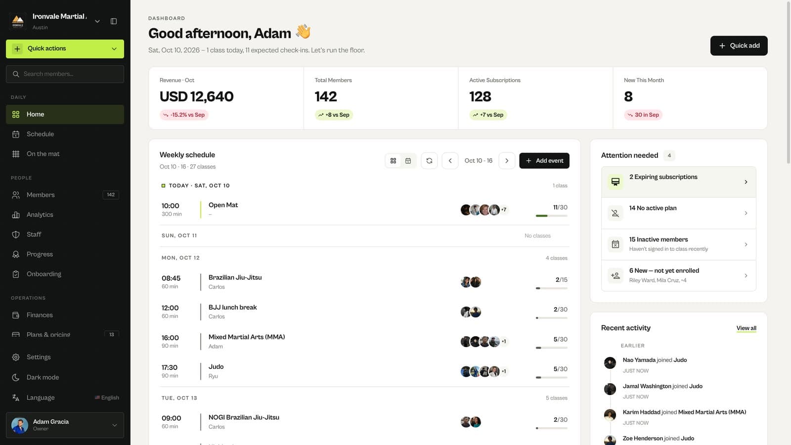 Attention needed and recent activity panels on the MatSync dashboard