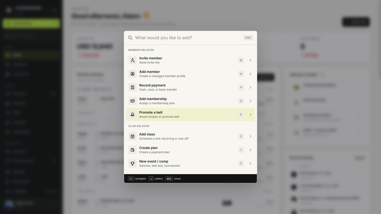 The MatSync Quick actions menu with member and club actions