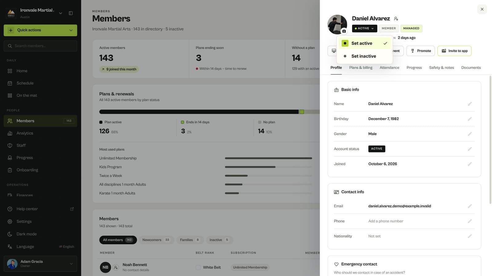 Status menu on a member profile in MatSync with Set active and Set inactive