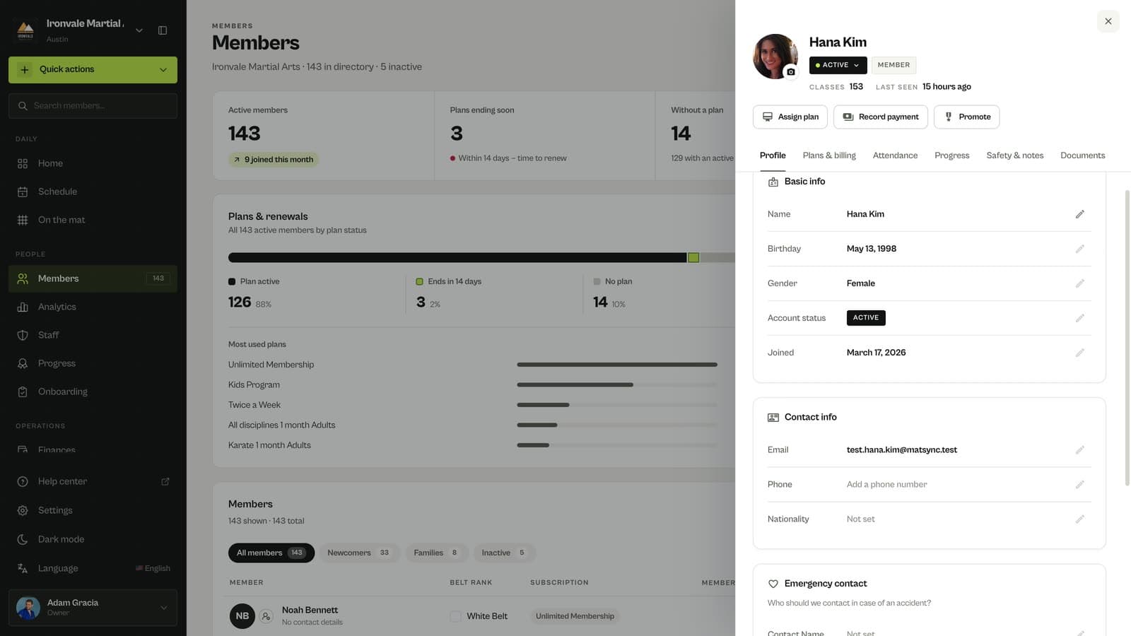 Profile tab of a member in MatSync with basic info, contact info and emergency contact
