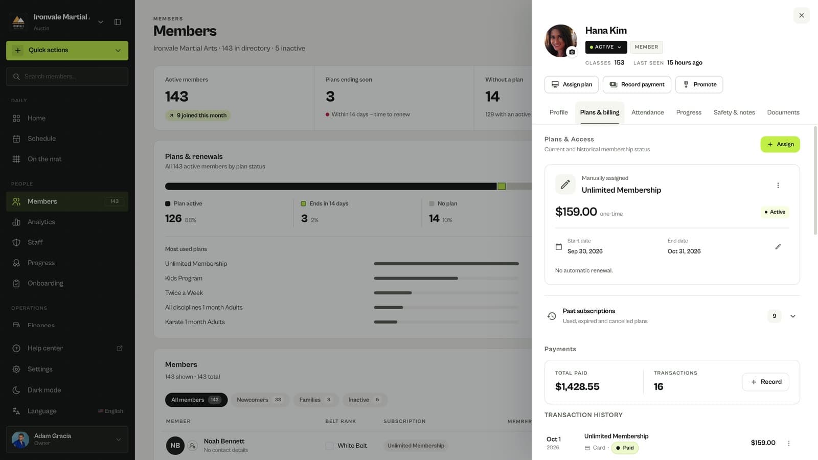 Plans and billing tab of a member in MatSync with the current plan and payments