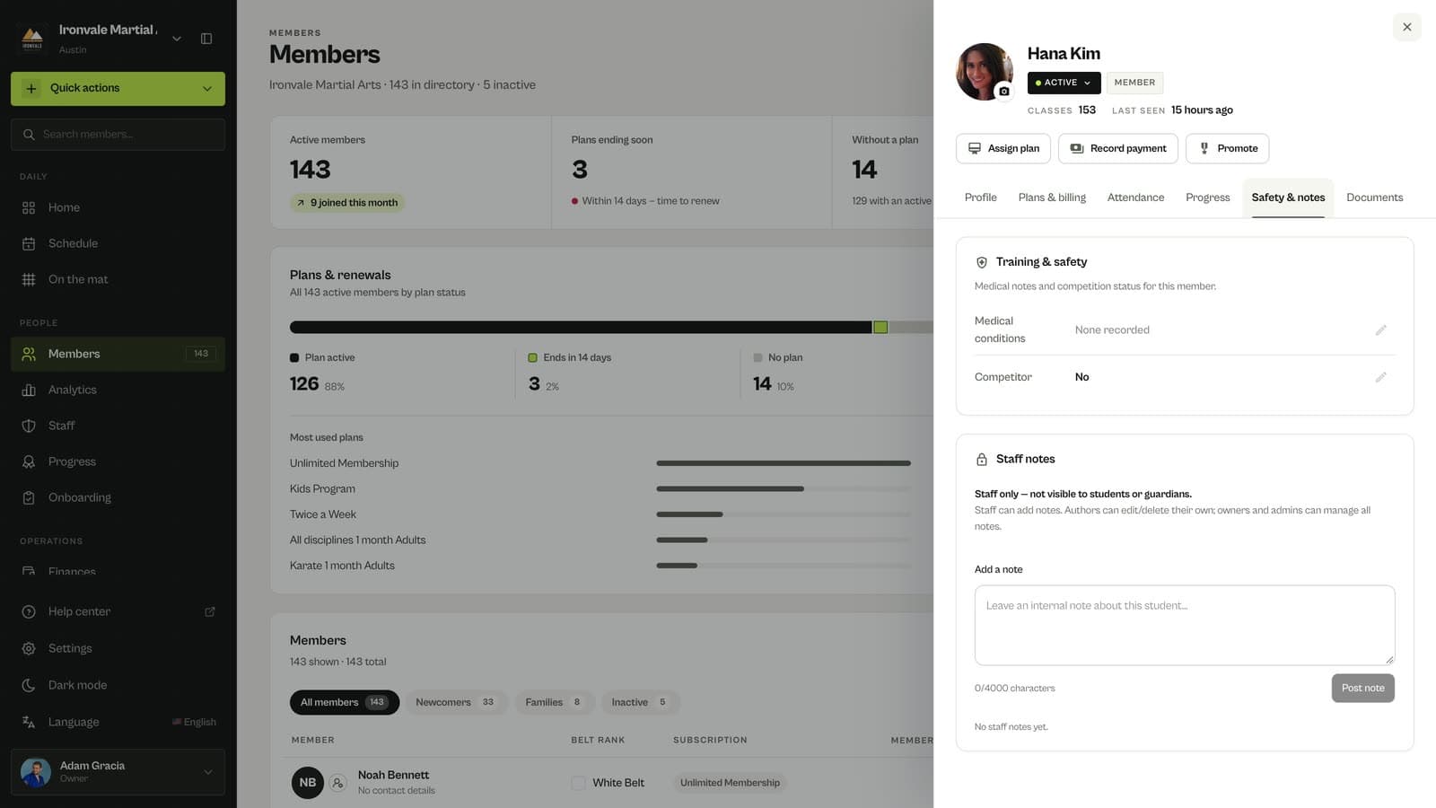 Safety and notes tab of a member in MatSync