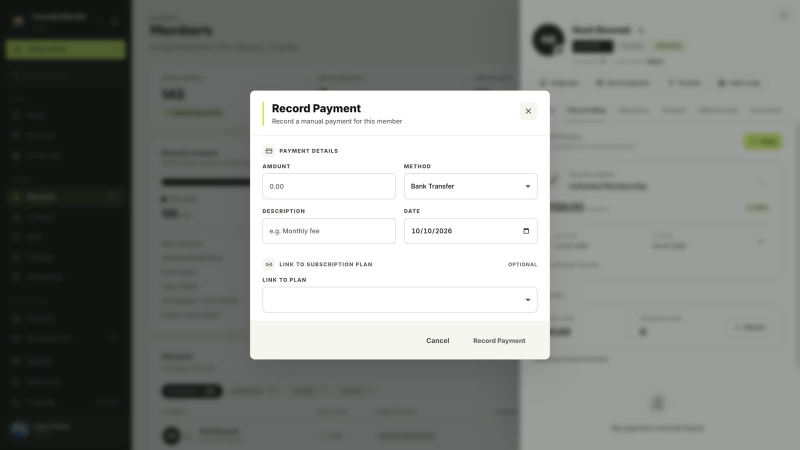 Record Payment window in MatSync