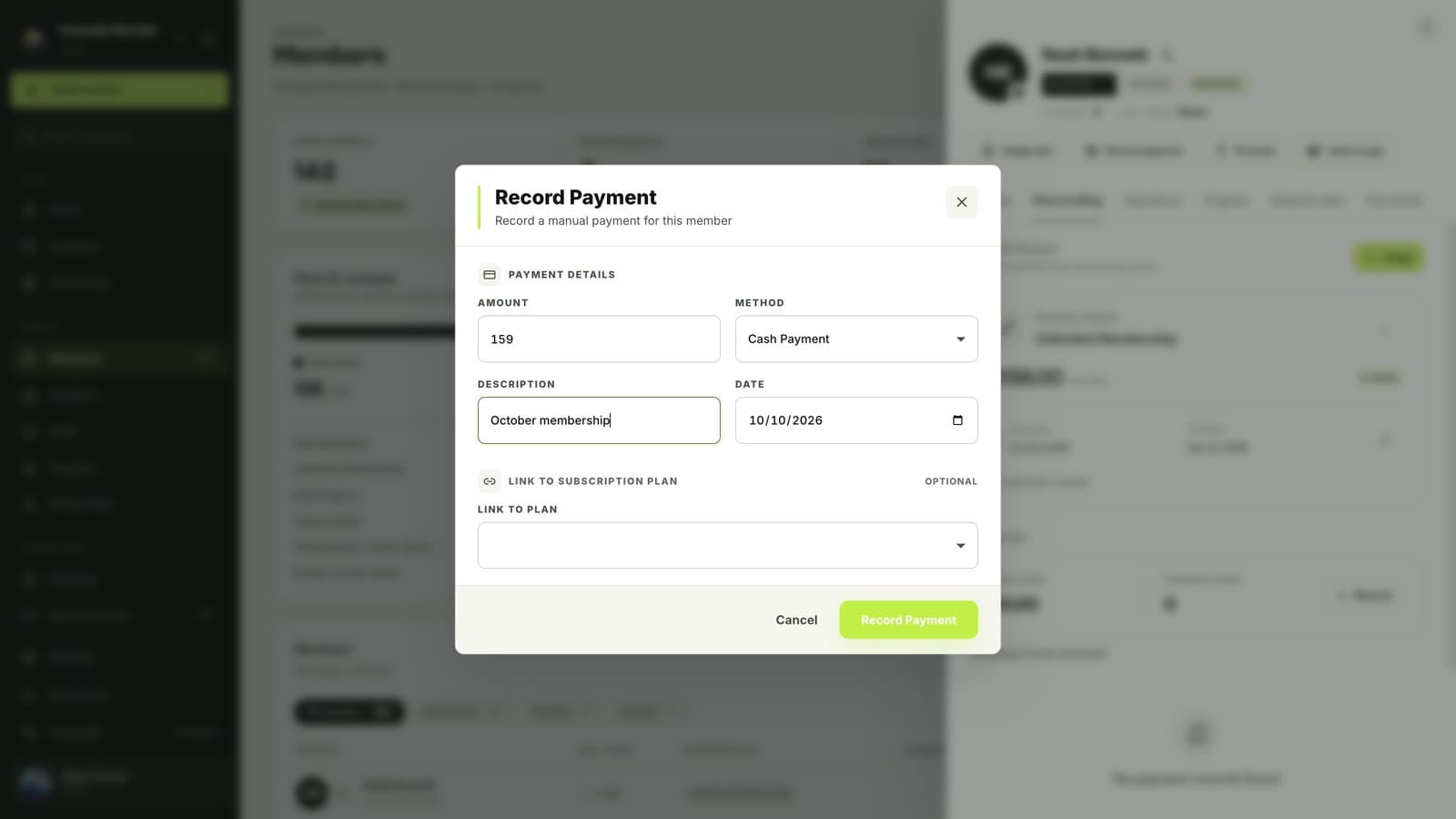 Payment details with amount, method and description in MatSync