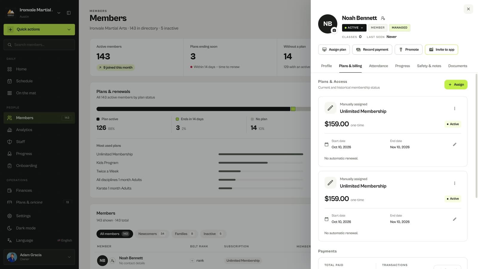 Payment in the member’s transaction history in MatSync