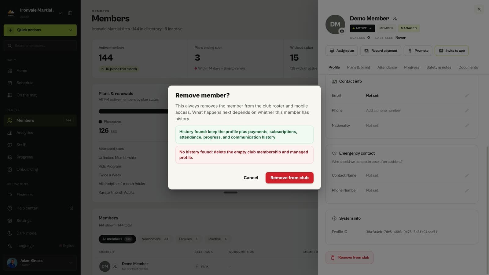 Remove member confirmation in MatSync explaining what happens to the history