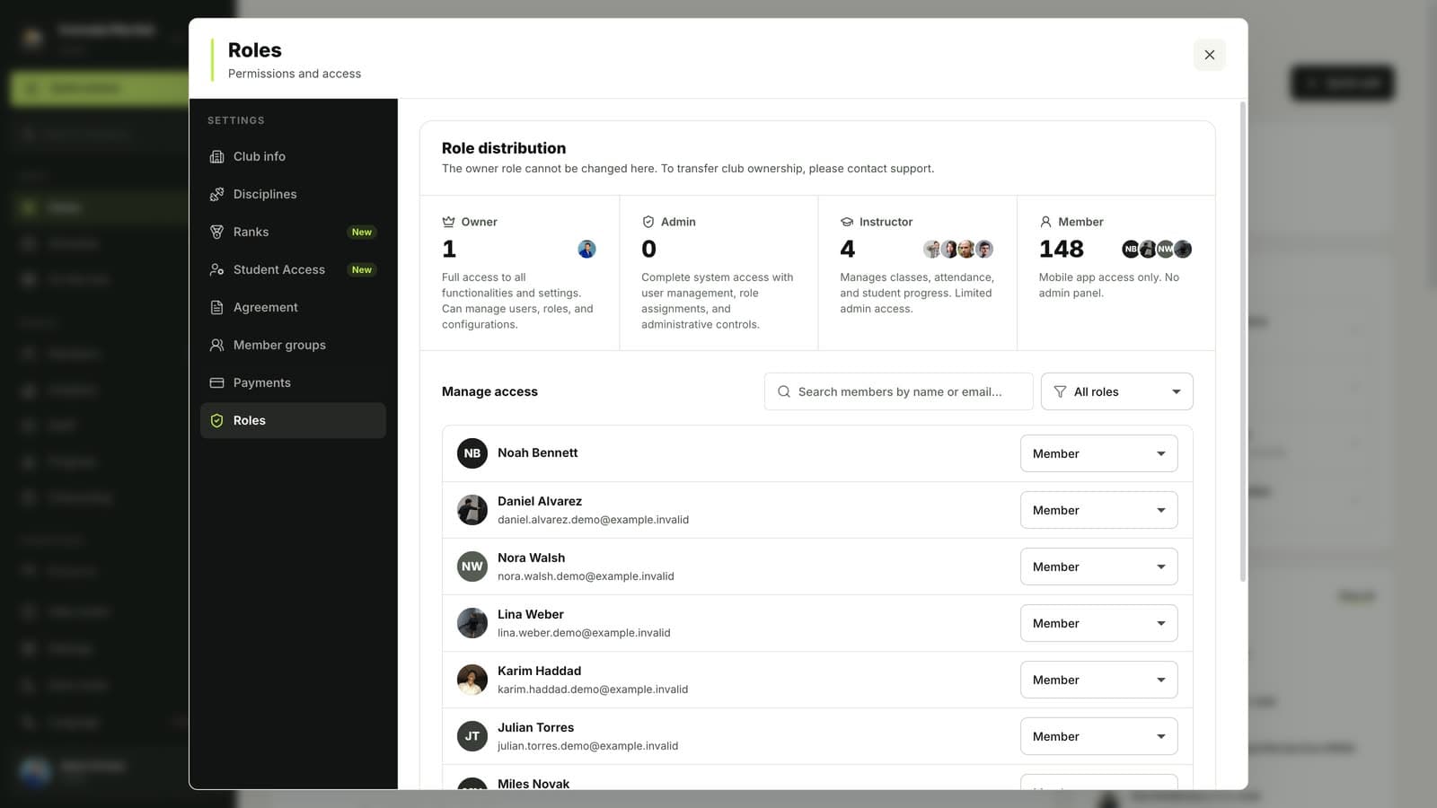 Role distribution in MatSync settings with owner, admin, instructor and member