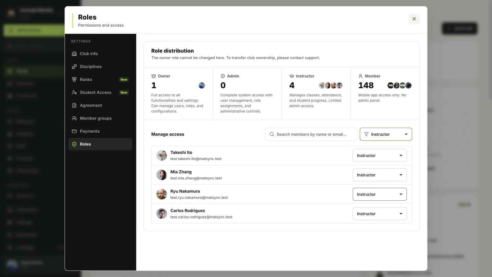 Manage access in MatSync filtered to instructors